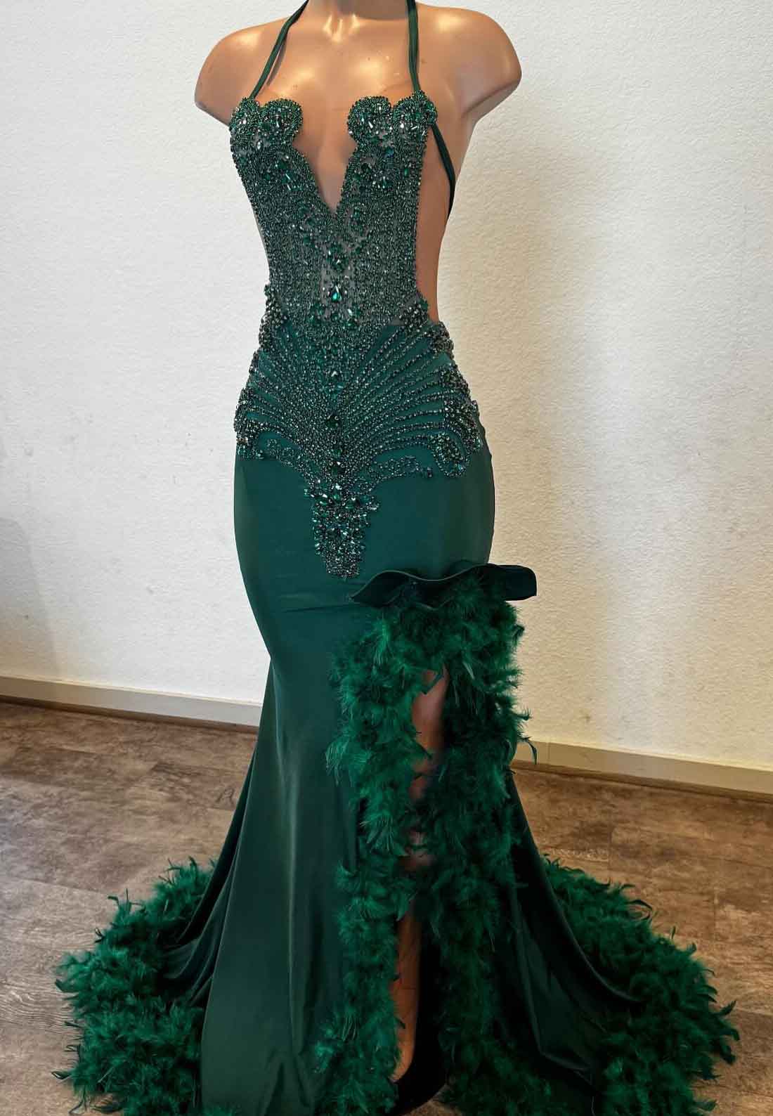 Deep V-Neck Halter Beaded Feathered Sheath Prom Dress for Black Girls