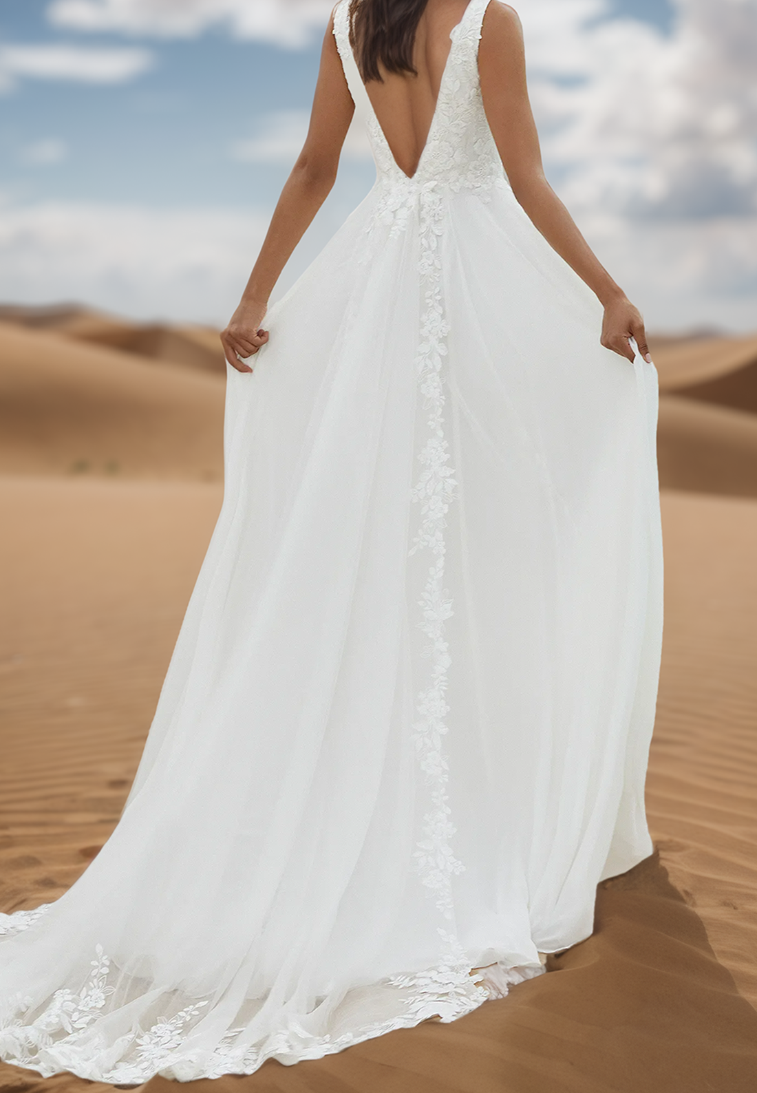 Deep V-Neck Lace Appliques Chiffon A-Line Beach Wedding Dress
