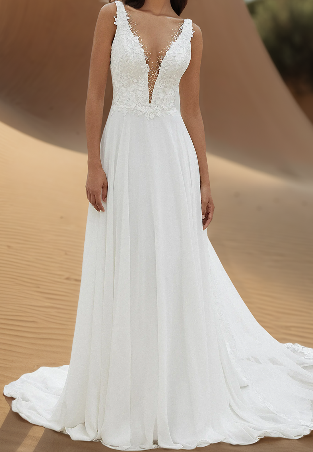 Deep V-Neck Lace Appliques Chiffon A-Line Beach Wedding Dress