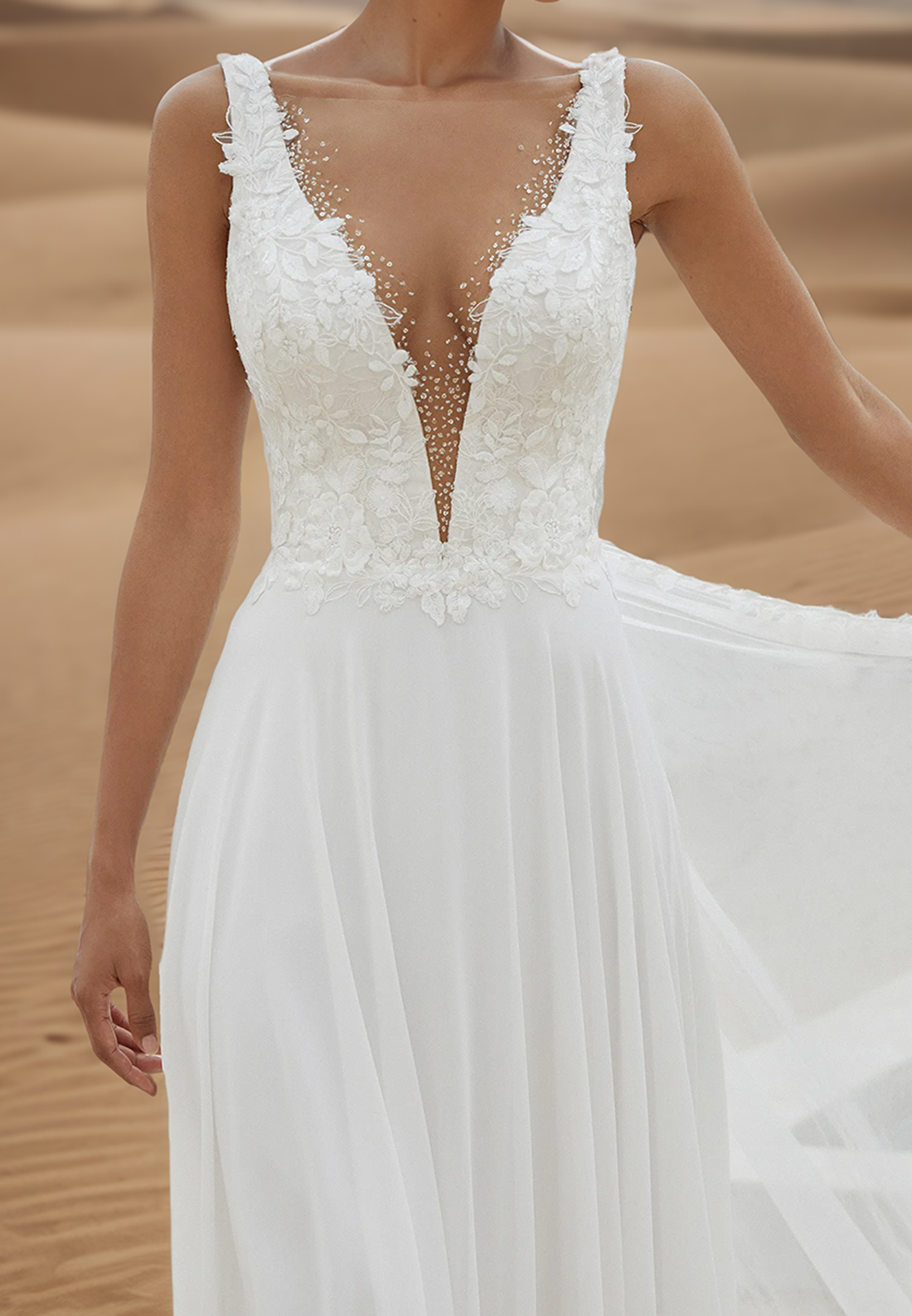 Deep V-Neck Lace Appliques Chiffon A-Line Beach Wedding Dress