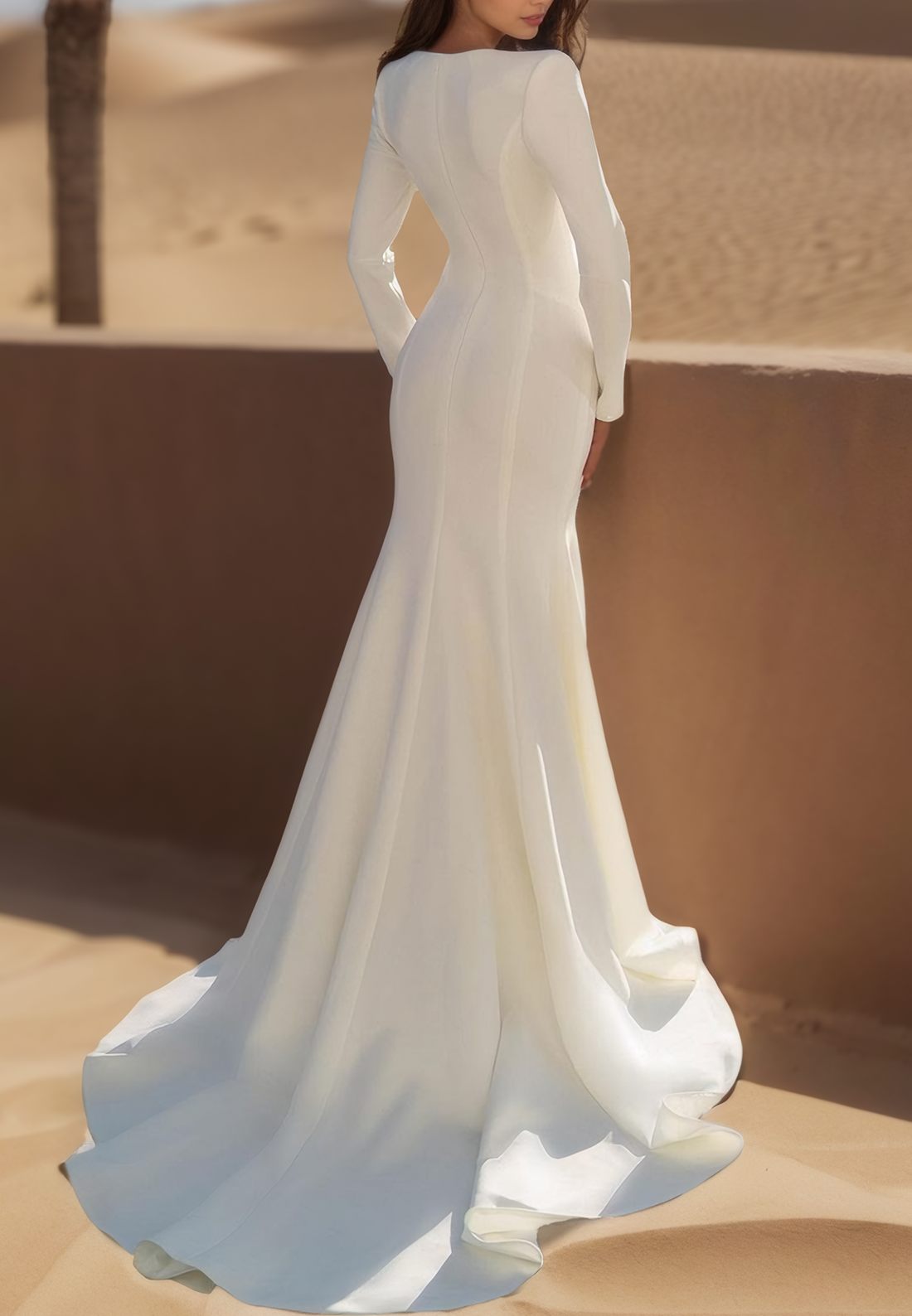 Deep V-Neck Long Sleeves Beaded Sleek Mermaid Wedding Dress