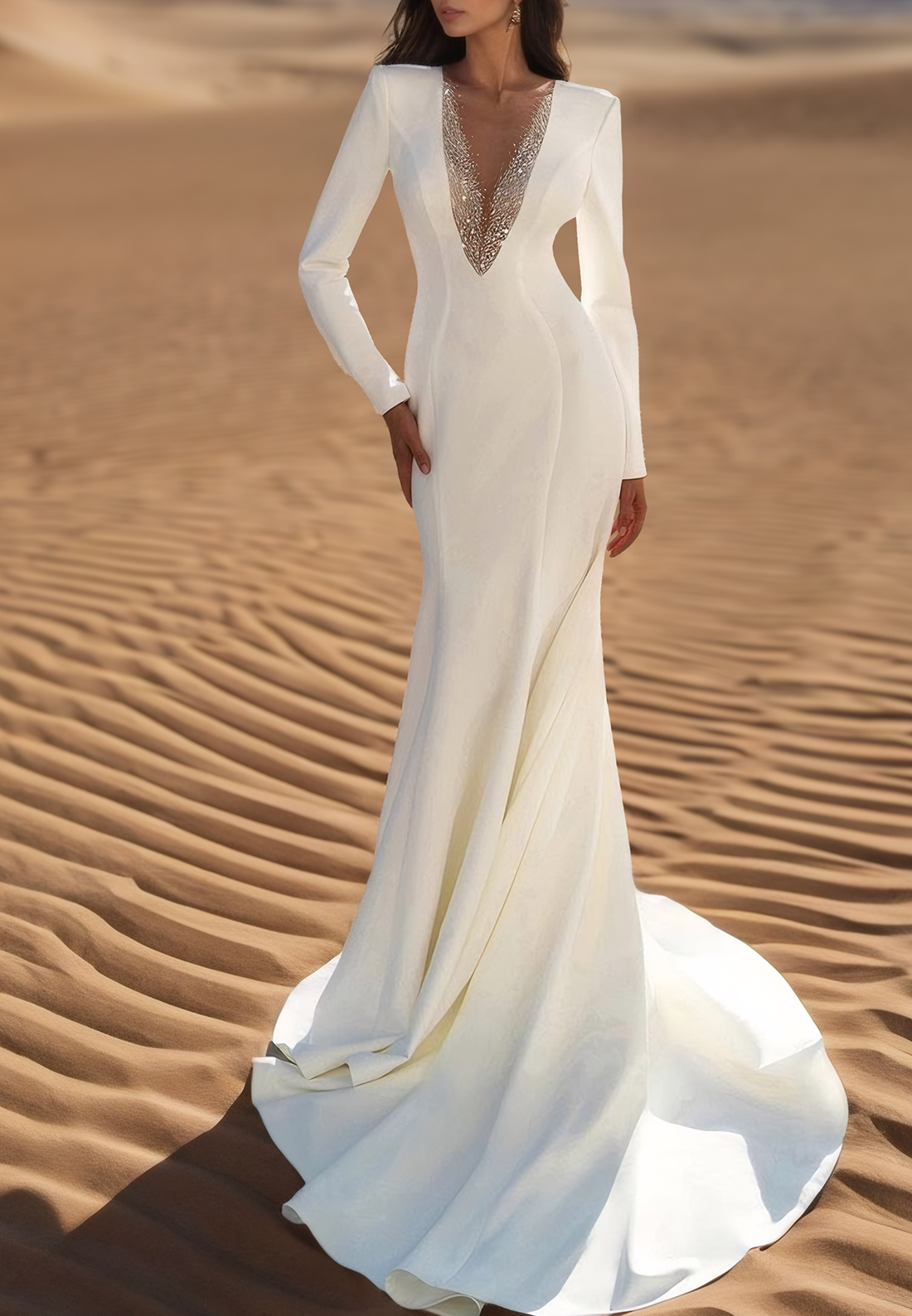 Deep V-Neck Long Sleeves Beaded Sleek Mermaid Wedding Dress