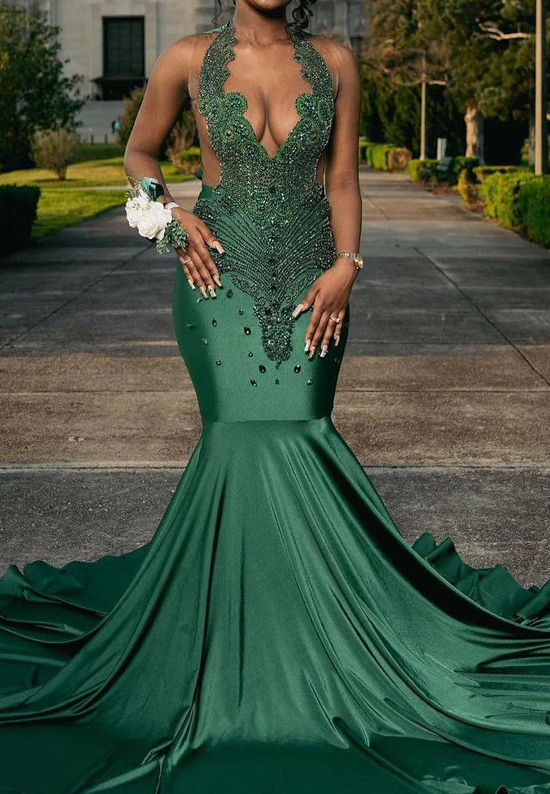 Deep V-Neck Sleeveless Beaded Pleated Mermaid Prom Dress for Black Girls