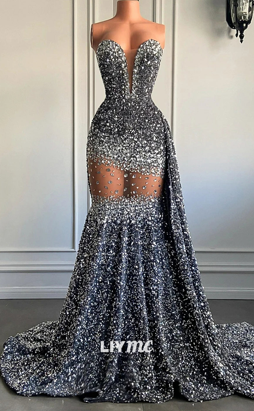 LP1440 - Drammatic Low V-Neck Sleeveless Beaded Sheer Sparkly Mermaid Liymc LP1440 - Drammatic Low V-Neck Sleeveless Beaded Sheer Sparkly Mermaid Liymc