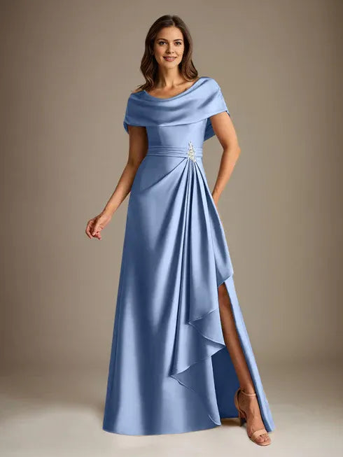 A-Line Scoop Floor-Length Stretch Satin Mother of the Bride Dress With Cascading Ruffles