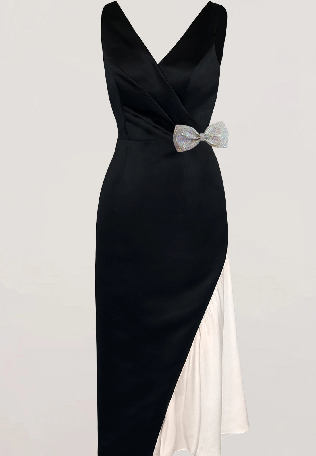Elegant Black Satin Cocktail Dress Embellished Bow Midi Dress