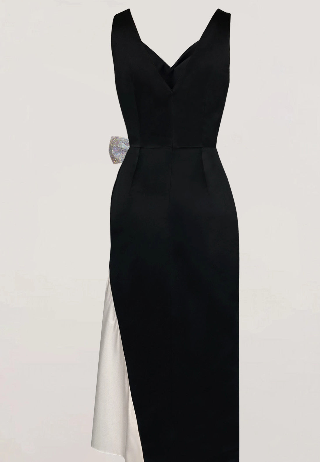 Elegant Black Satin Cocktail Dress Embellished Bow Midi Dress