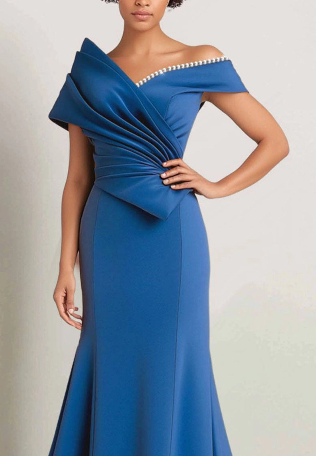 Evening Off-Shoulder Dress Pearl Trim Draped Design Dress