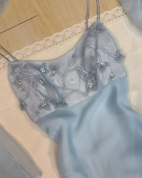 Elegant Pastel Blue Straps Chiffon Appliques Beaded Prom Evening Dress