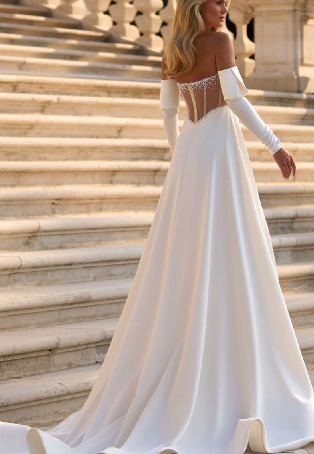 Off-Shoulder Beaded Sleeveless High Slit Pleated A-Line Beach Wedding Dress