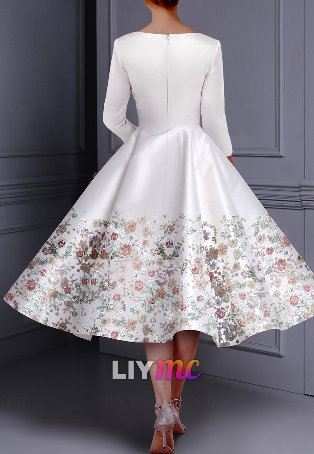 Floral A-Line Cocktail Dresses Elegant Dress Formal Valentine's Day Tea Length 3_4 Length Sleeve Jewel Neck Belt