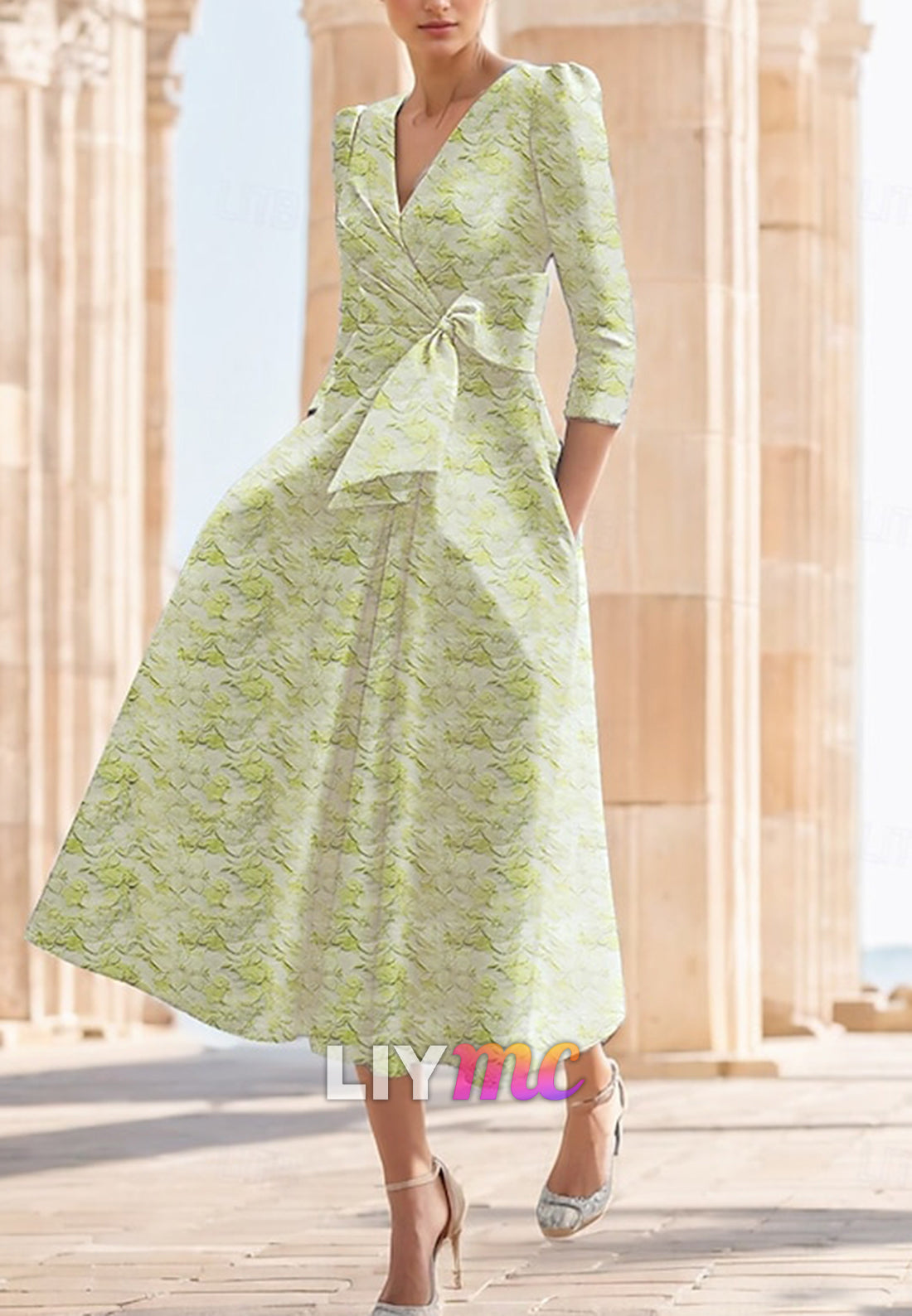 Floral A-Line Cocktail Dresses Elegant Formal Wedding Half Sleeve V Neck Nylon Print Slit Pocket Wedding Guest Dress