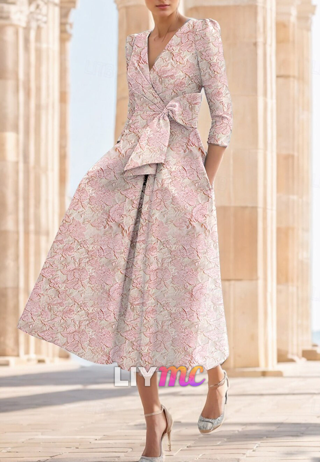 Floral A-Line Cocktail Dresses Elegant Formal Wedding Half Sleeve V Neck Nylon Print Slit Pocket Wedding Guest Dress