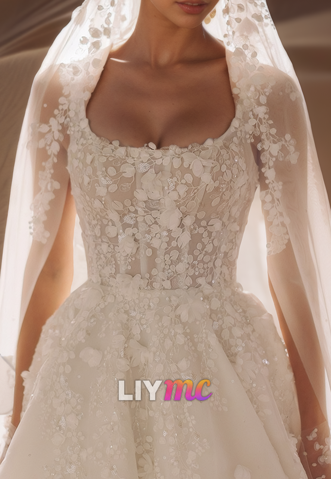 Floral Appliques Scoop Spaghetti Straps Ball Gown Wedding Dress