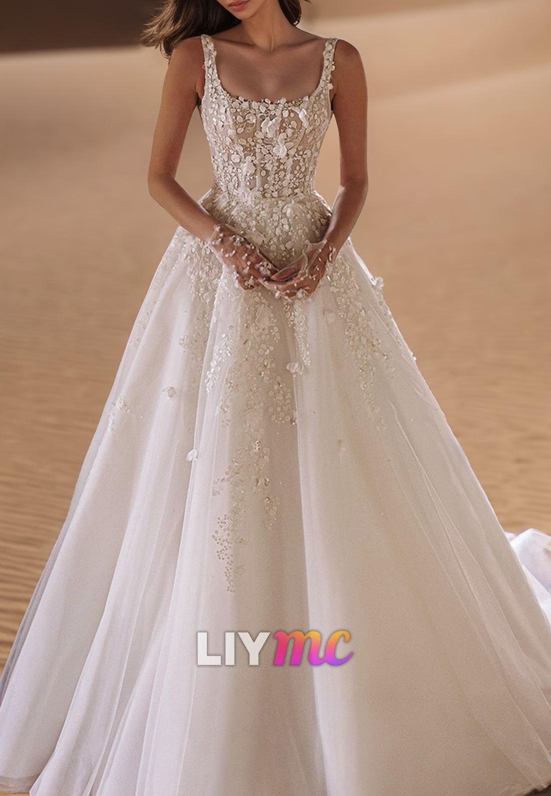 Floral Appliques Scoop Spaghetti Straps Ball Gown Wedding Dress