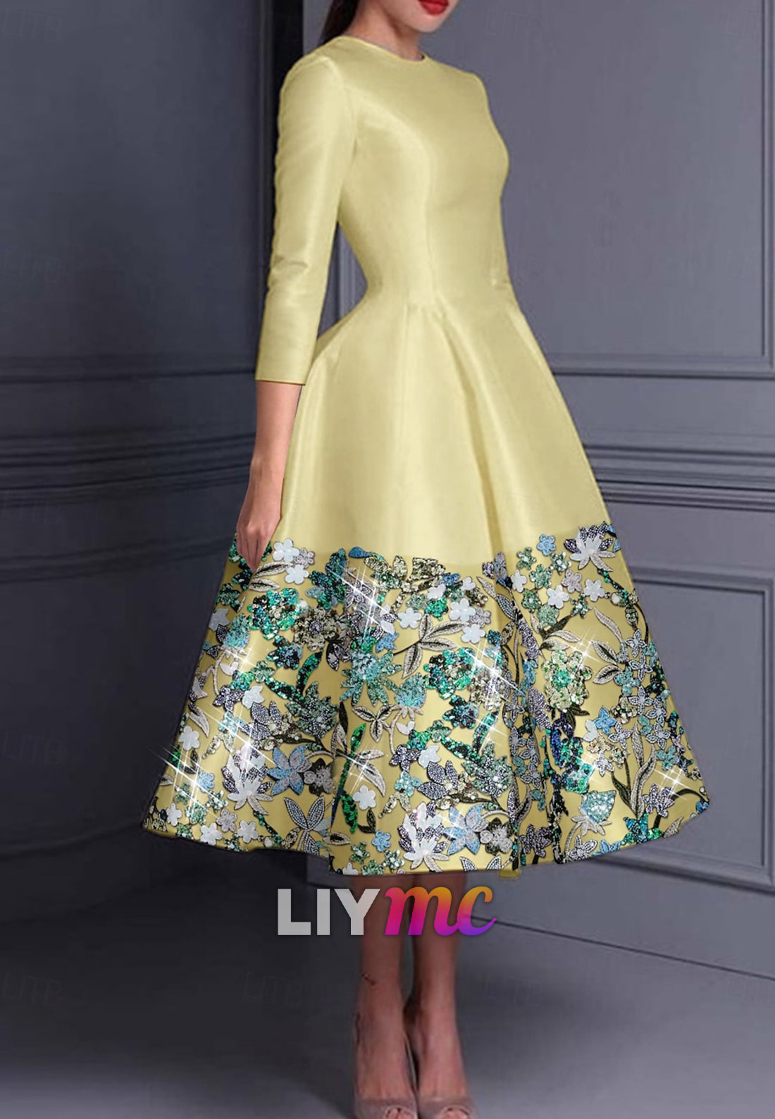 Floral Embroidered A-Line Cocktail Elegant Dress Formal Wedding Crew Neck Satin