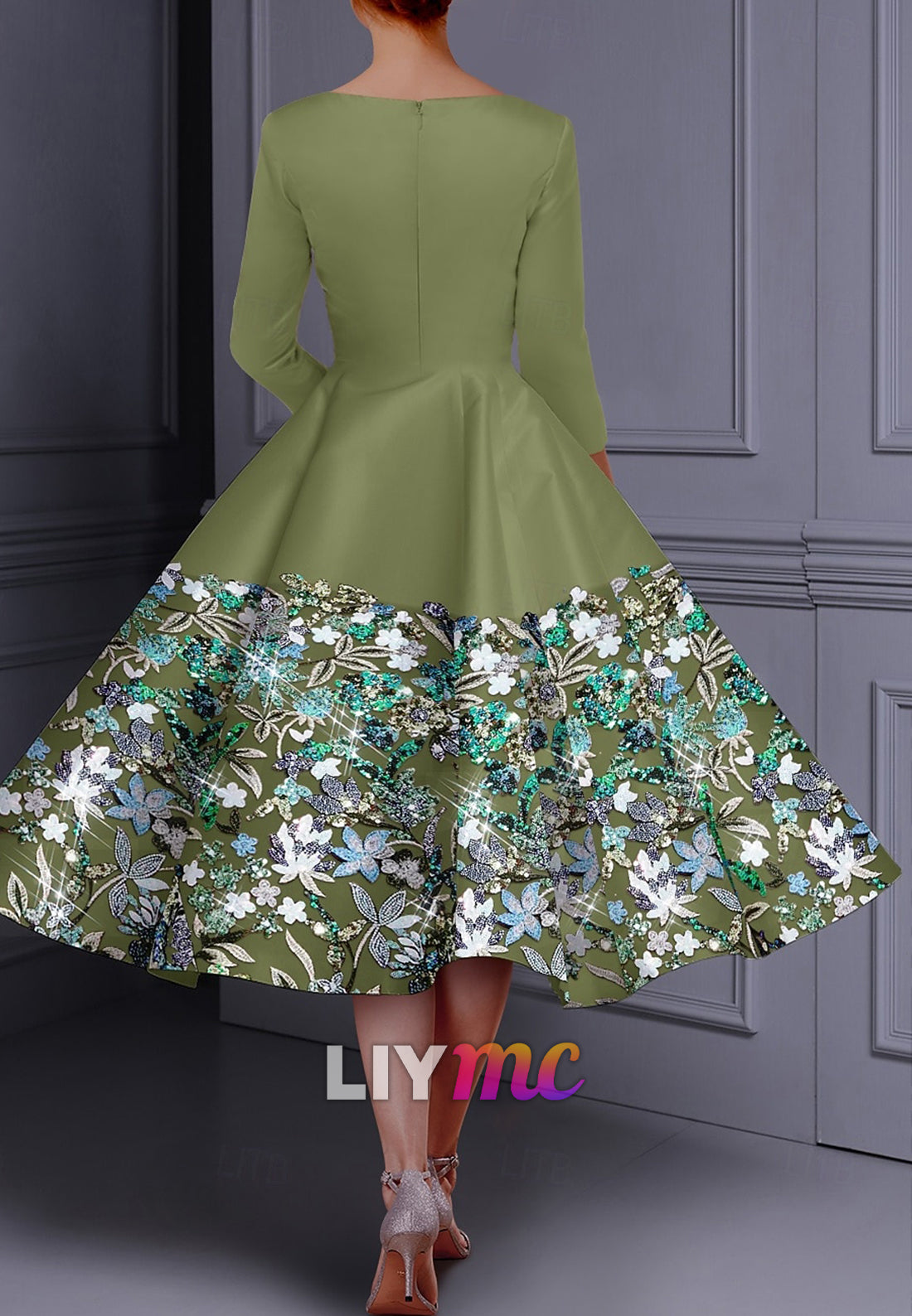 Floral Embroidered A-Line Cocktail Elegant Dress Formal Wedding Crew Neck Satin