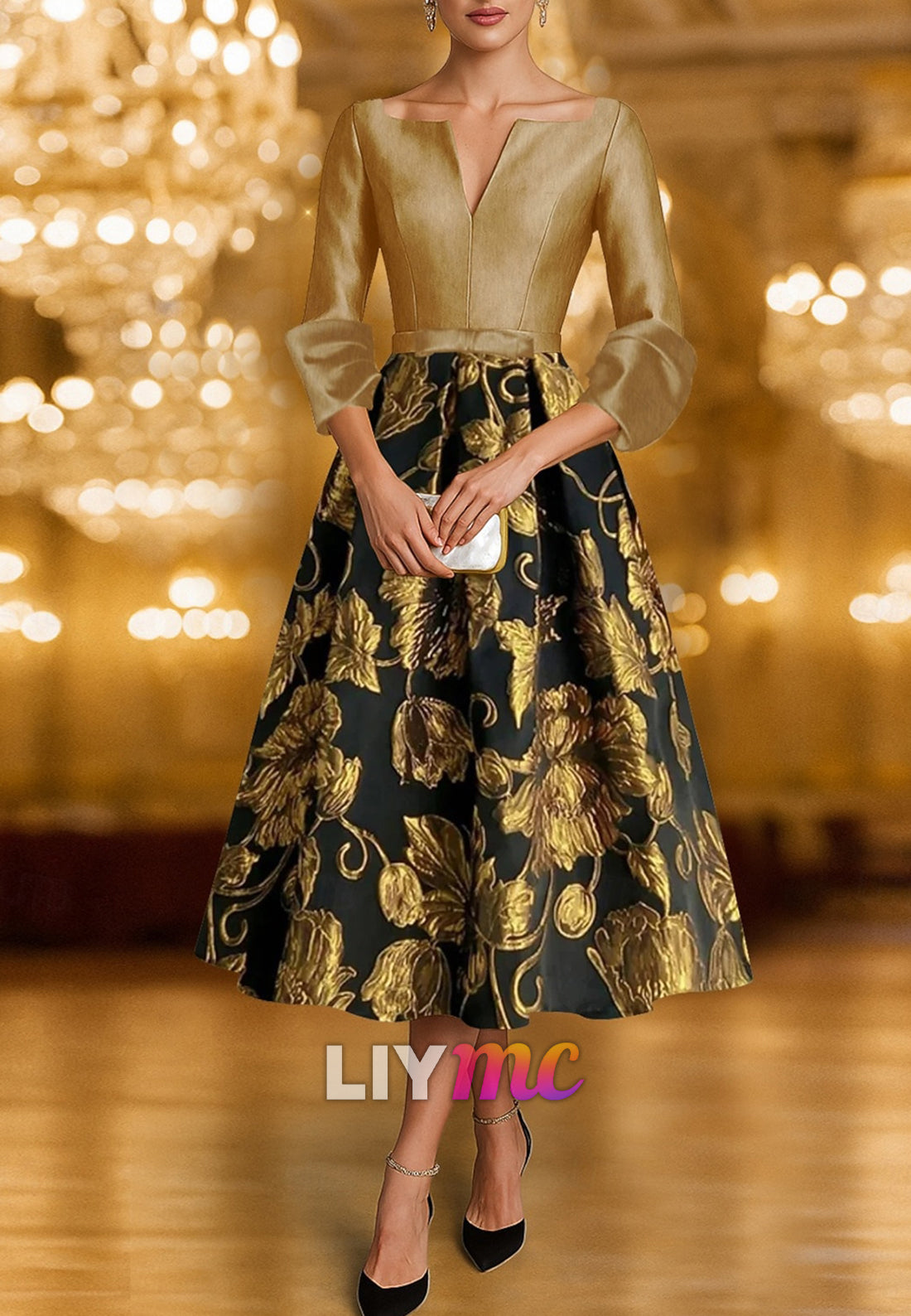 Floral Jacquard A-Line Cocktail Dresses Elegant Formal Dress Formal Wedding V Neck Taffeta with Bow