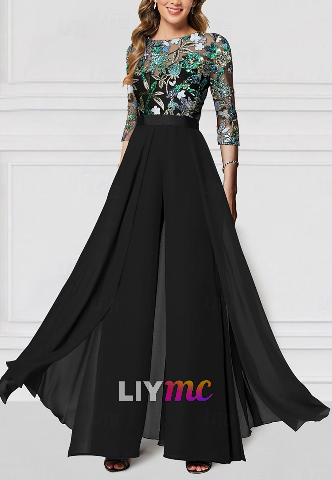 Floral Jumpsuit Embroidered Mother of the Bride Formal Wedding Elegant Vintage Illusion Neck Floor Length Chiffon