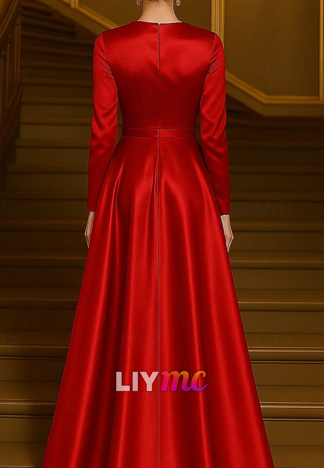 Formal Dress Formal Wedding Floor Length Long Sleeve Crew Neck Stretch Satin with Shouder Flower