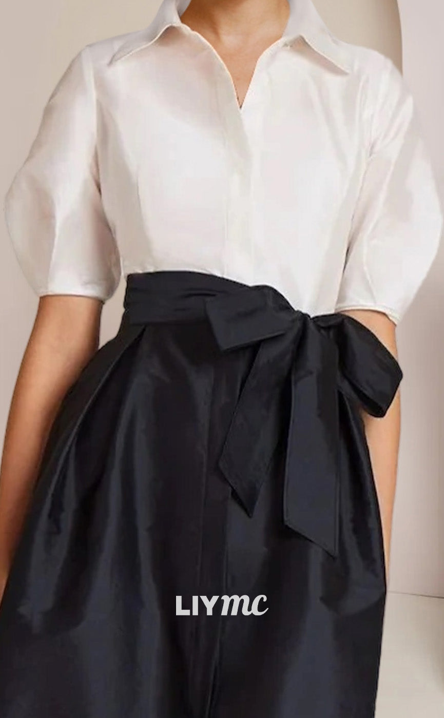 M1041 - Formal Wedding Guest Elegant Party Shirt Collar Floor Length Taffeta Short Sleeve with Bow