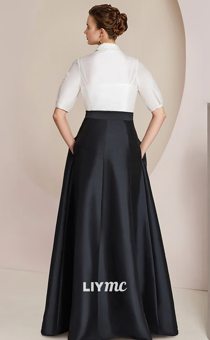 M1041 - Formal Wedding Guest Elegant Party Shirt Collar Floor Length Taffeta Short Sleeve with Bow