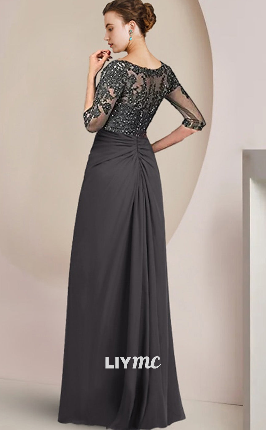 M1052 - Formal Wedding Guest Elegant Square Neck Floor Length Chiffon Lace 34 Length Sleeve with Sequin Appliques
