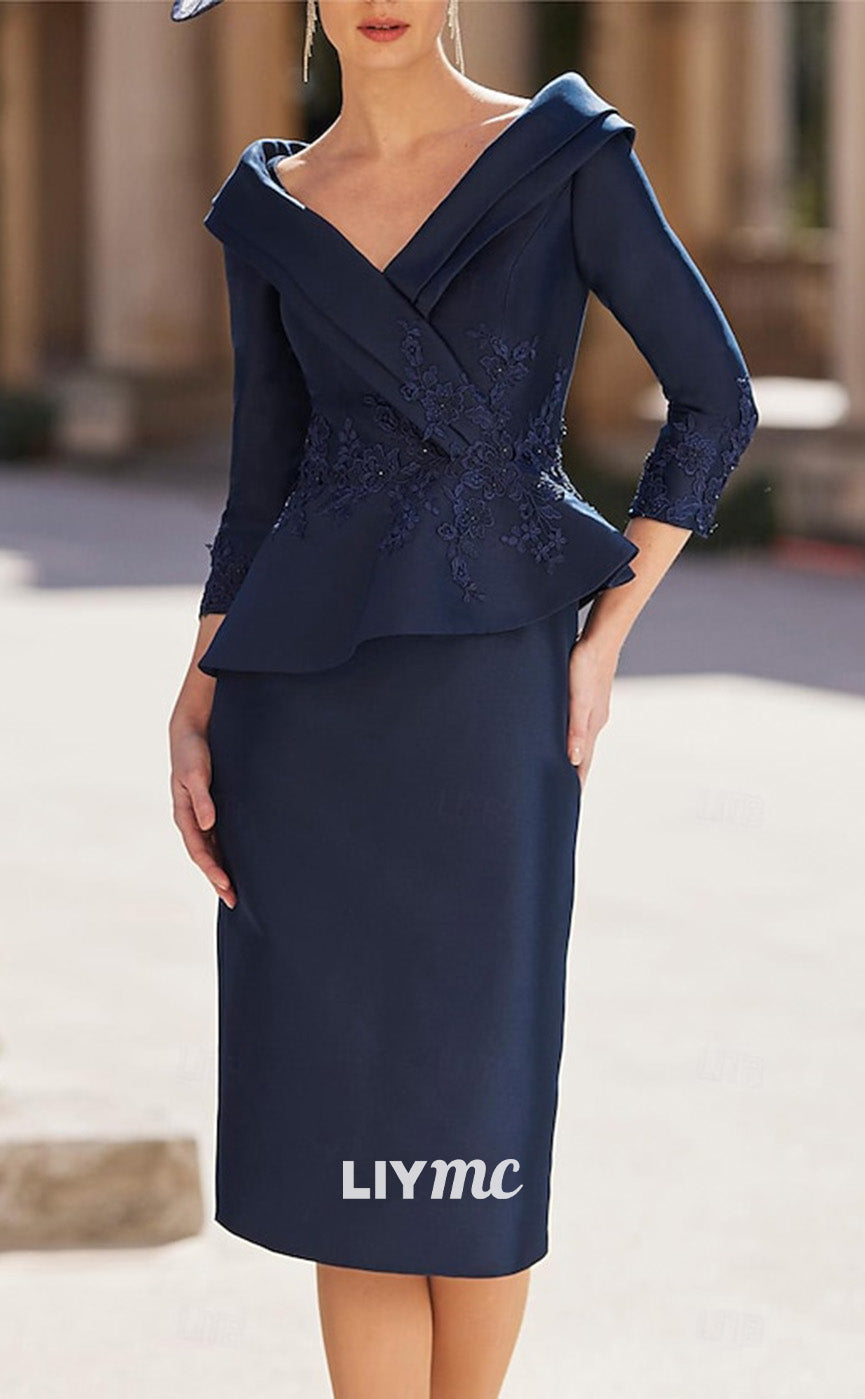 M1035 - Formal Wedding Guest Elegant Vintage V Neck 34 Length Sleeve with Appliques