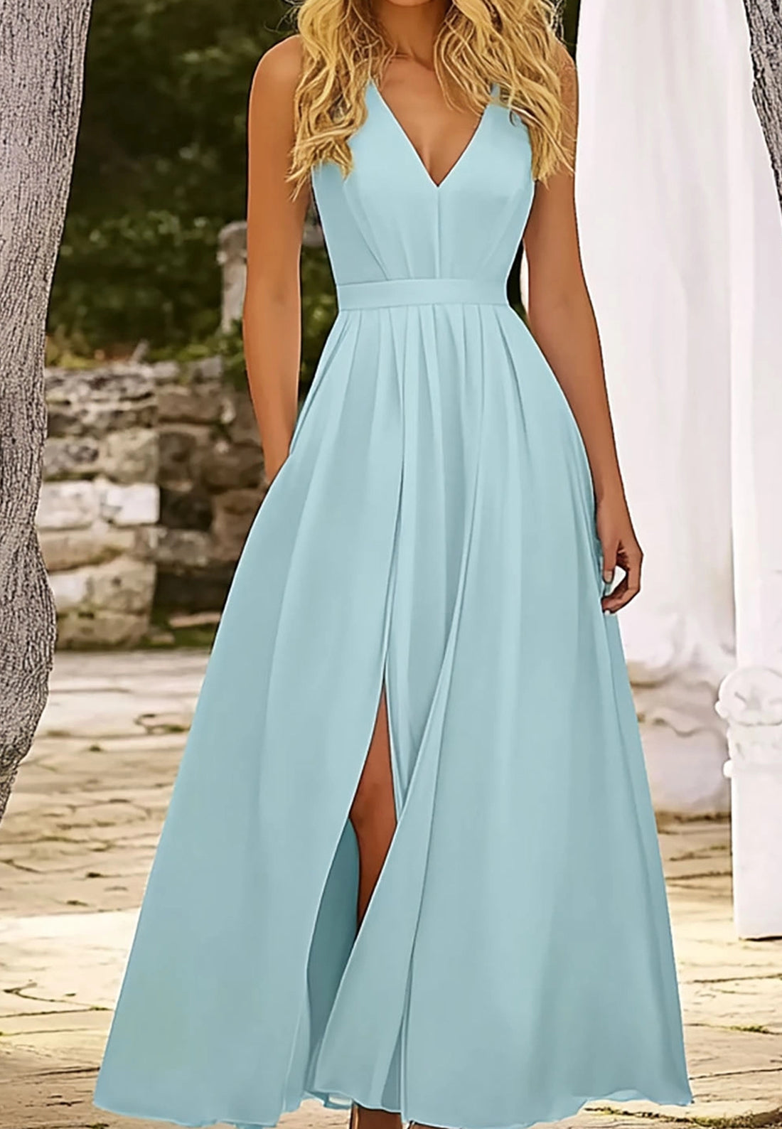 Vacation Wedding Guests Dress Deep V-Neck Sleeveless High Slit Maxi Dress