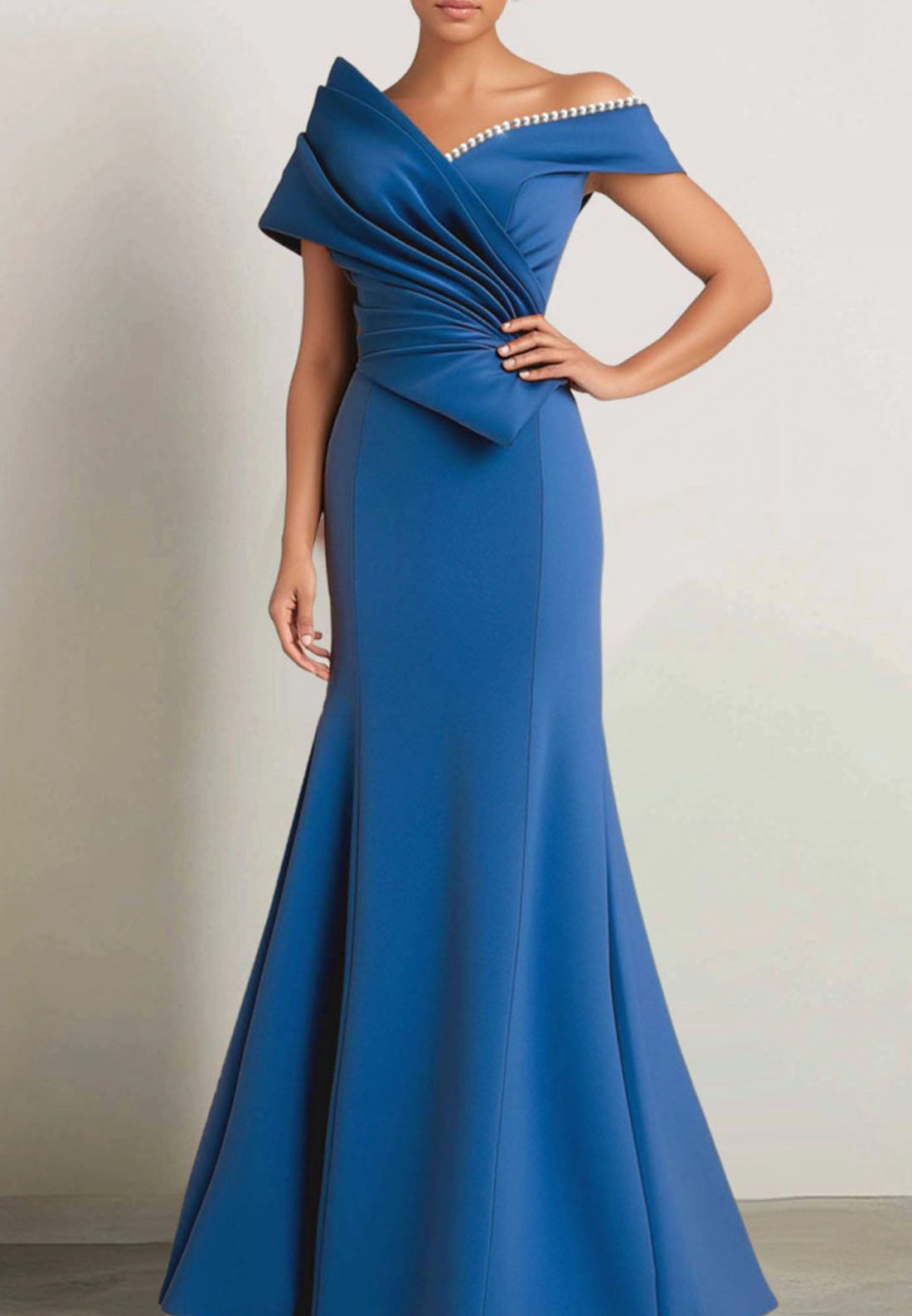 Evening Off-Shoulder Dress Pearl Trim Draped Design Dress