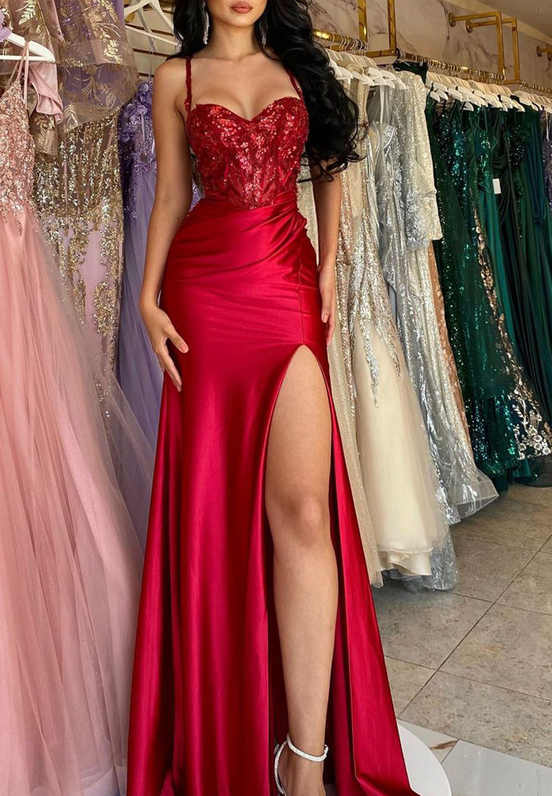 Sweetheart Sleeveless Appliques High Slit Prom Dress