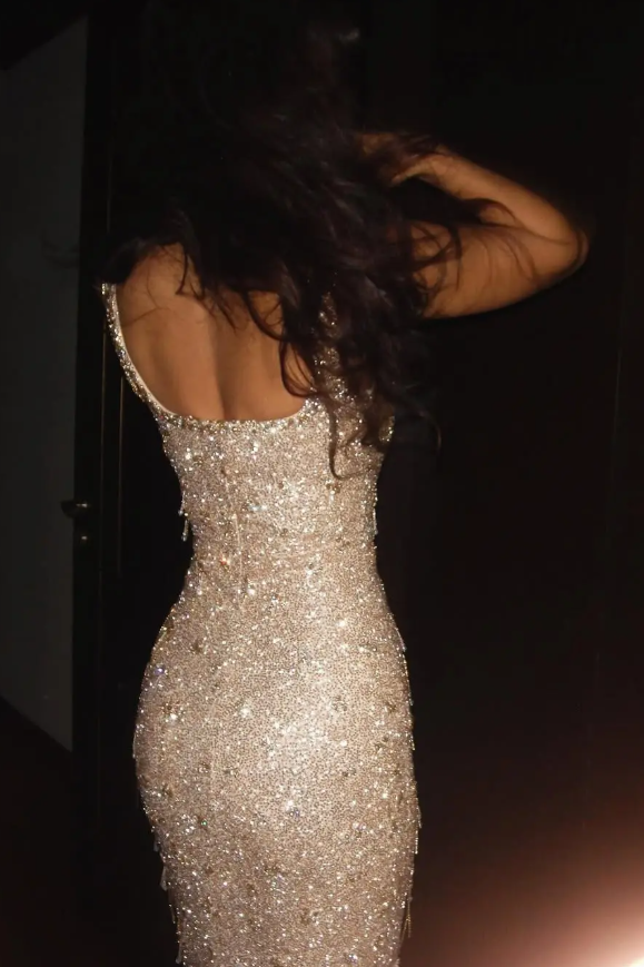 Glitter Sequins Mermaid Party Evening Dress Champagne Prom Dress