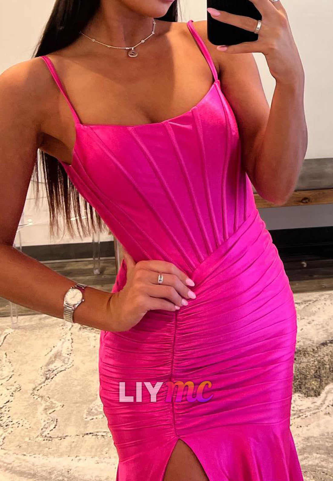 Scoop Spaghetti Straps Ruched High Slit Mermaid Prom Dress