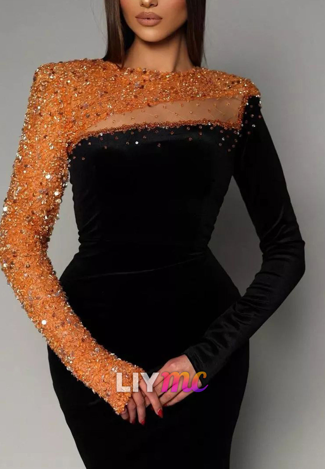 Bateau Long Sleeves Sequins Mermaid Long Prom Dress