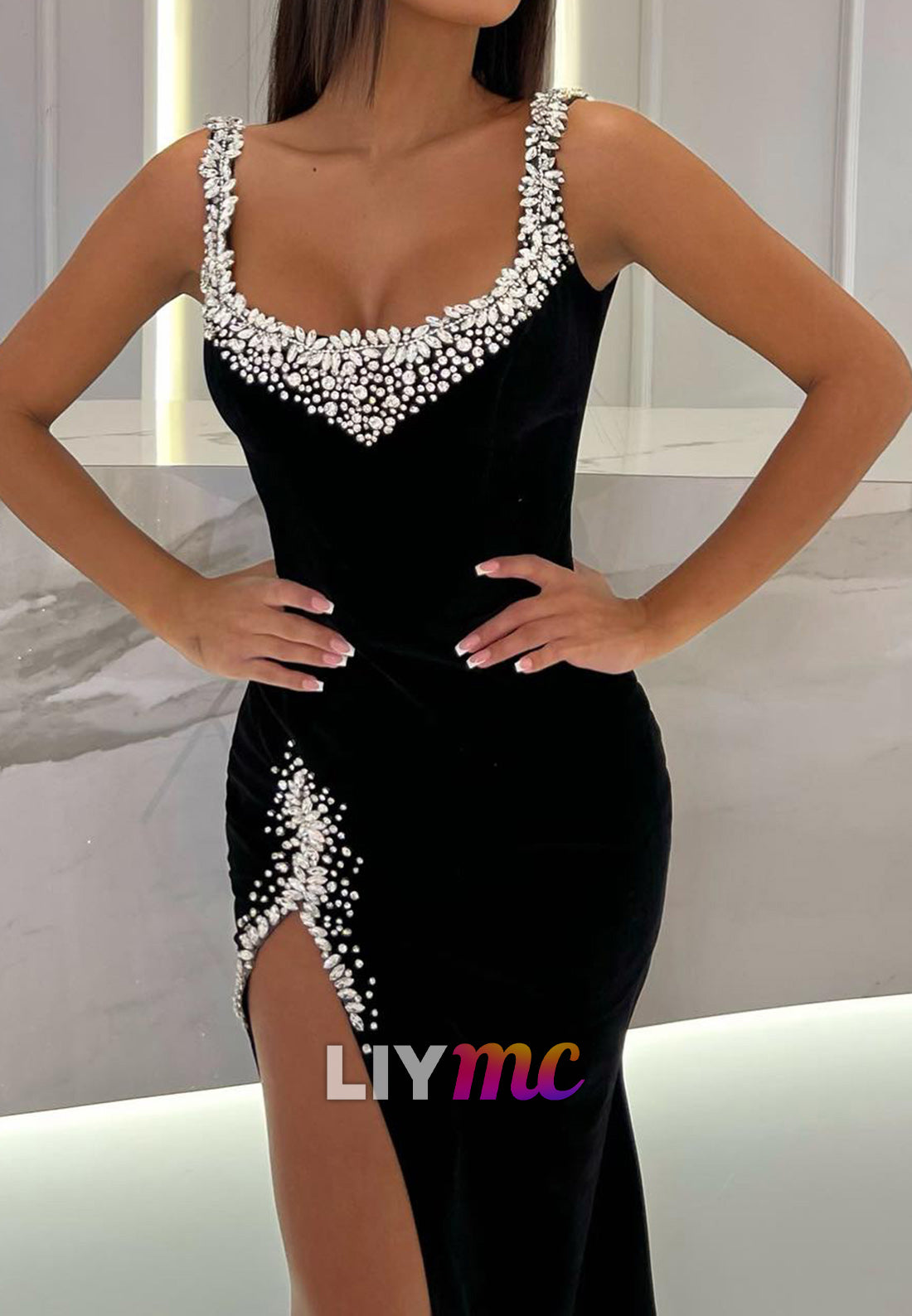 Scoop Sleeveless Pearl Beaded High Slit Mermaid Prom Dress