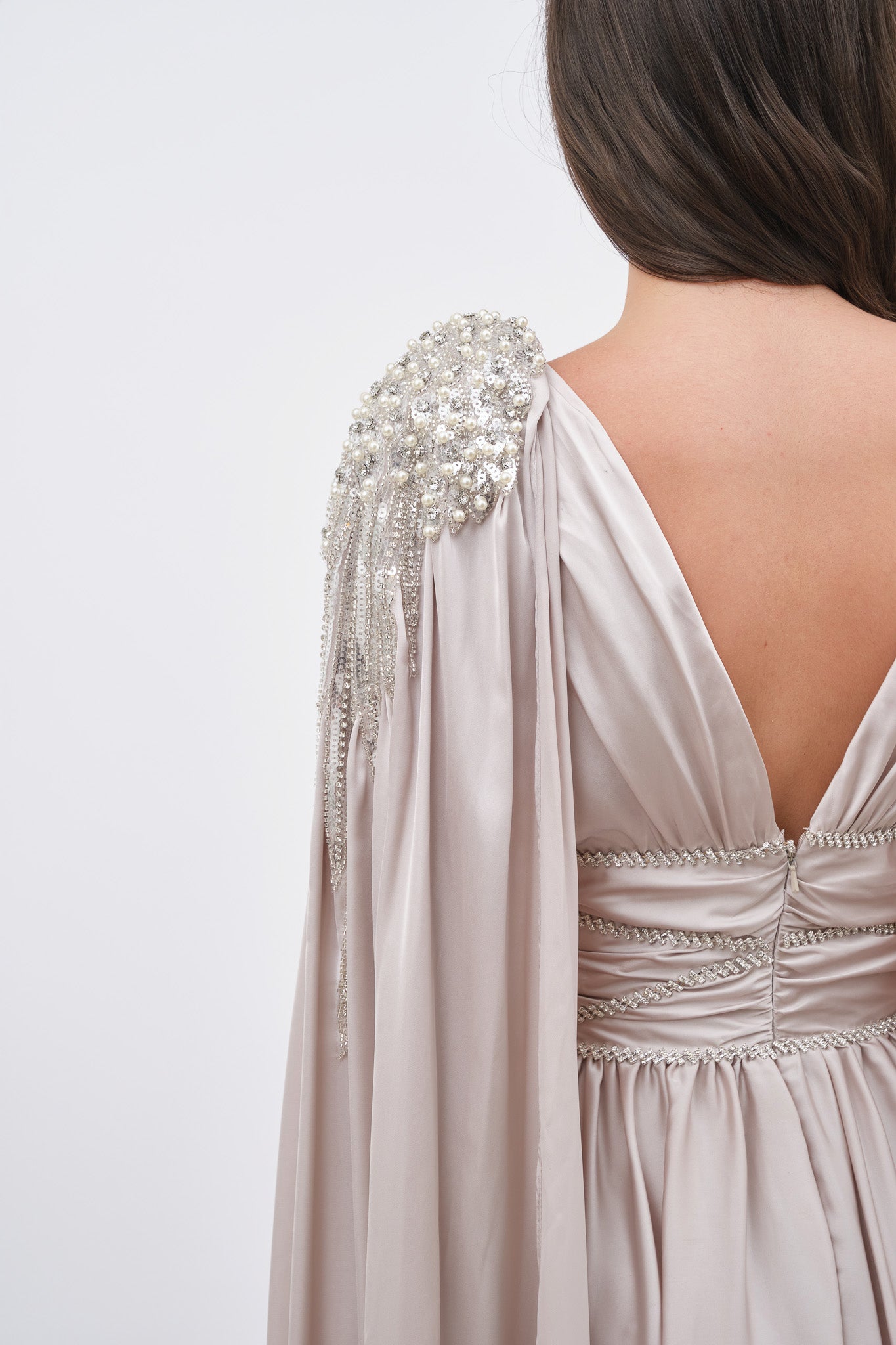 V-Neck Long Sleeves Pleated A-Line Evening Dress