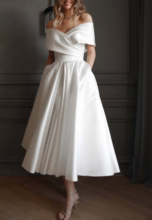 Off-Shoulder Sleeves Sleek Pleated A-Line Beach Wedding Dress