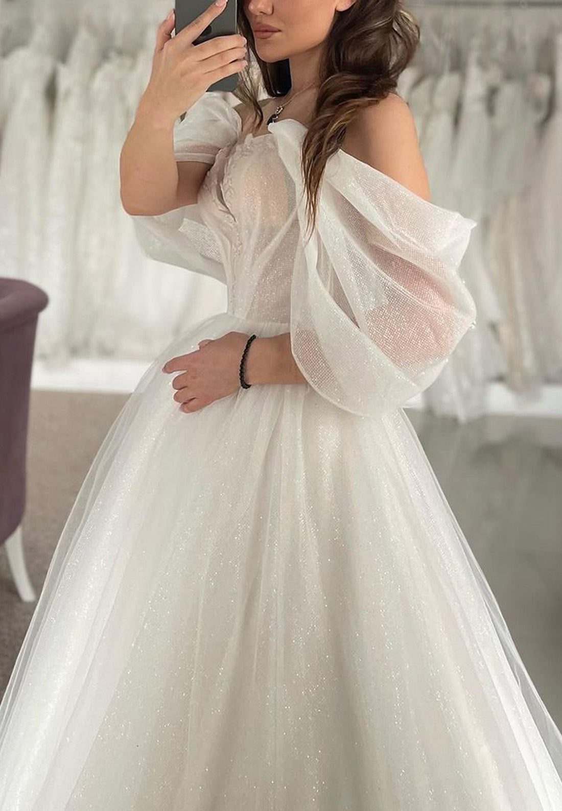 Off-Shoulder Strapless Tulle A-Line Ball Gown Wedding Dress