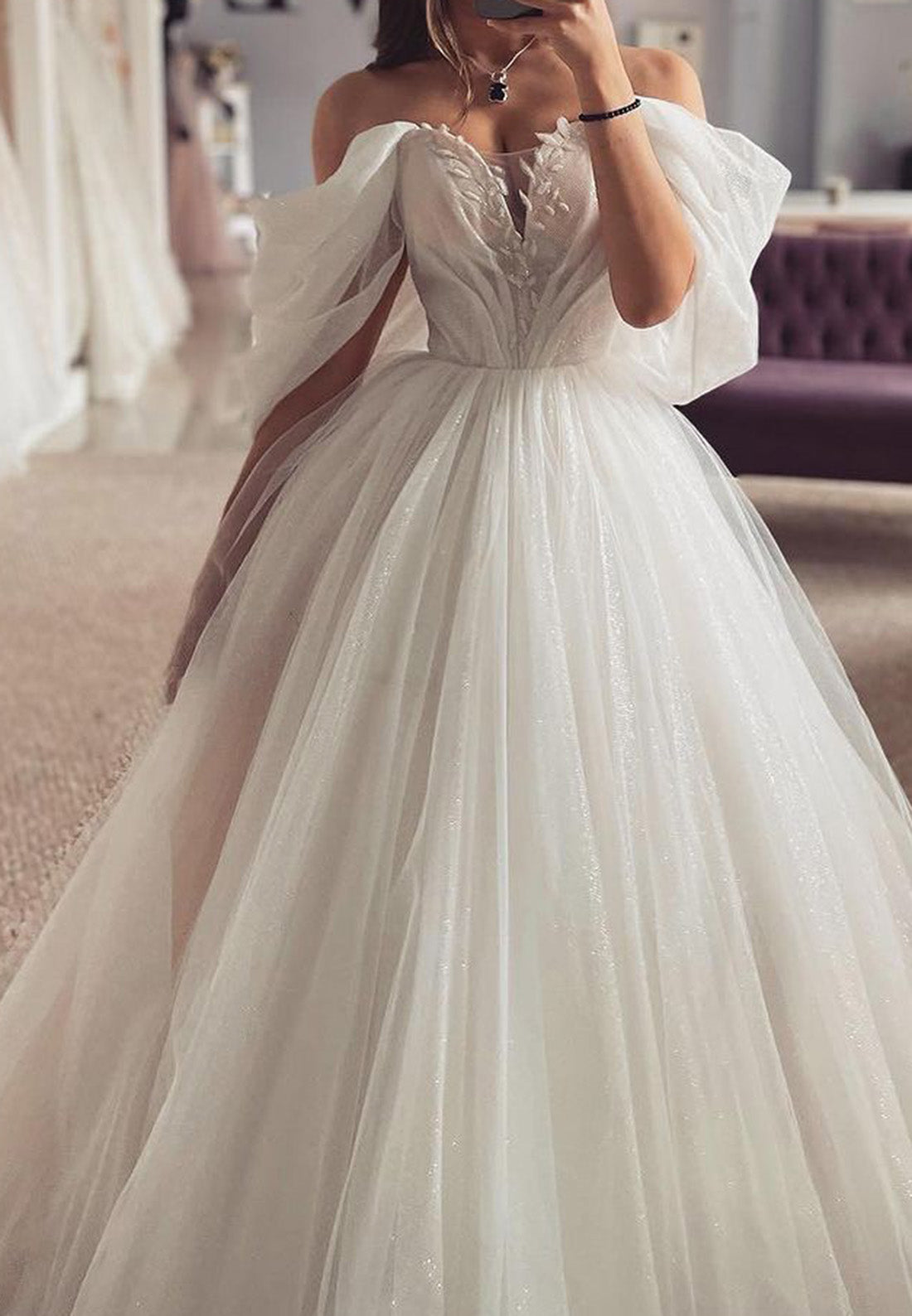 Off-Shoulder Strapless Tulle A-Line Ball Gown Wedding Dress