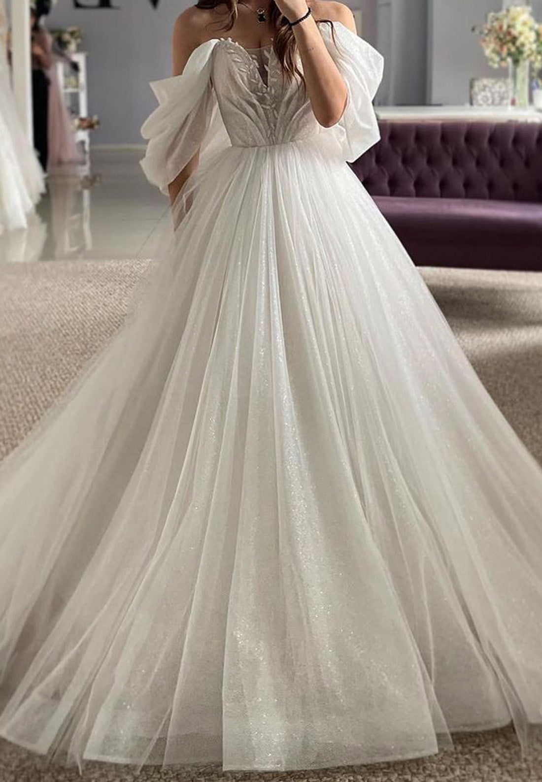 Off-Shoulder Strapless Tulle A-Line Ball Gown Wedding Dress