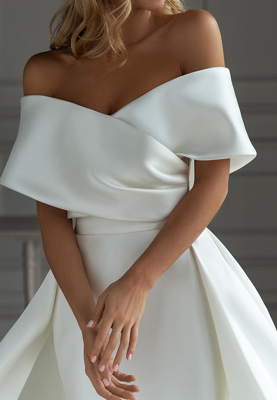 LW512 - Sheath Off Shoulder Draped Floor-Length Boho Wedding Dress with Overlay
