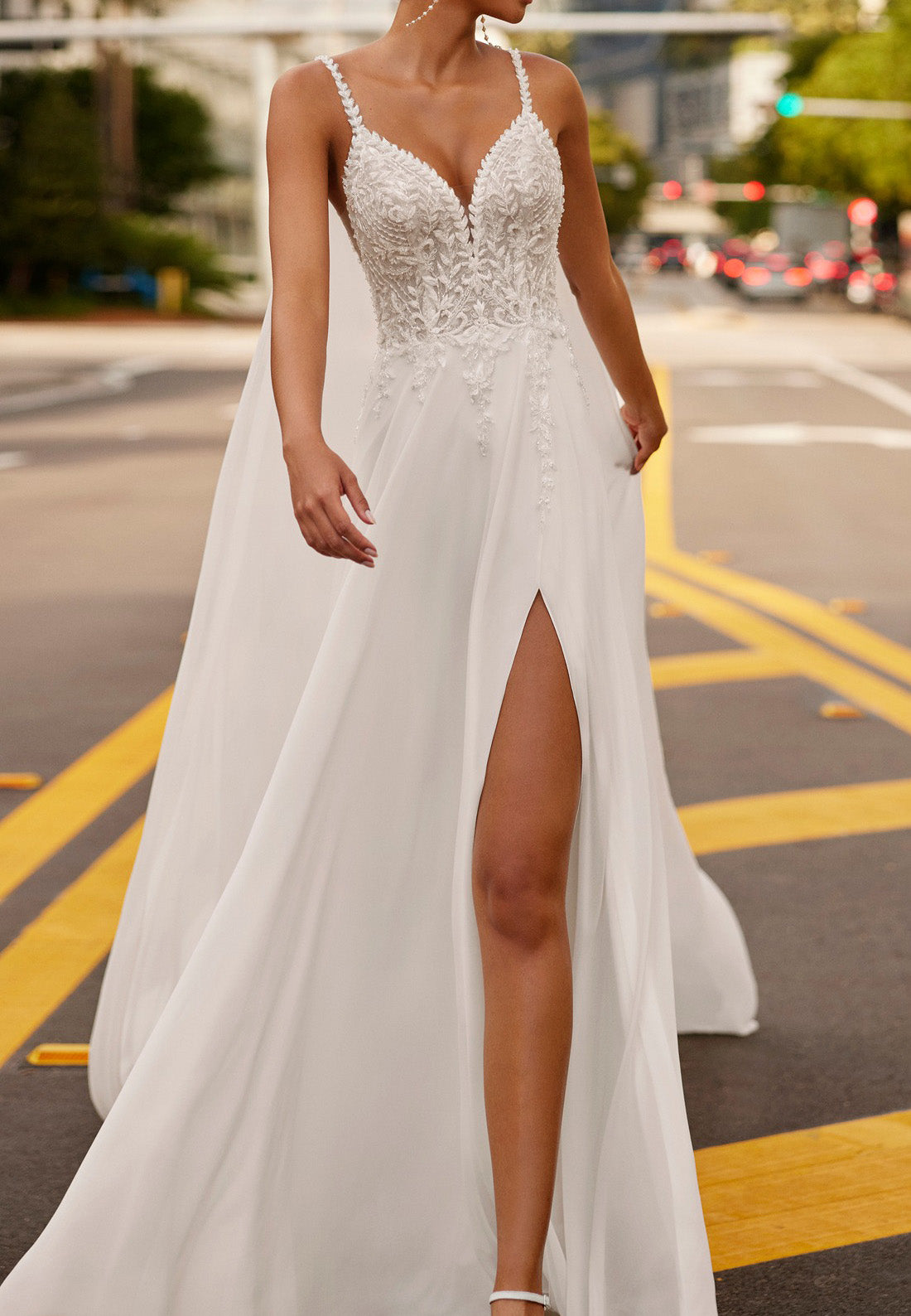 V-Neck Straps Appliques A-Line Wedding Dress