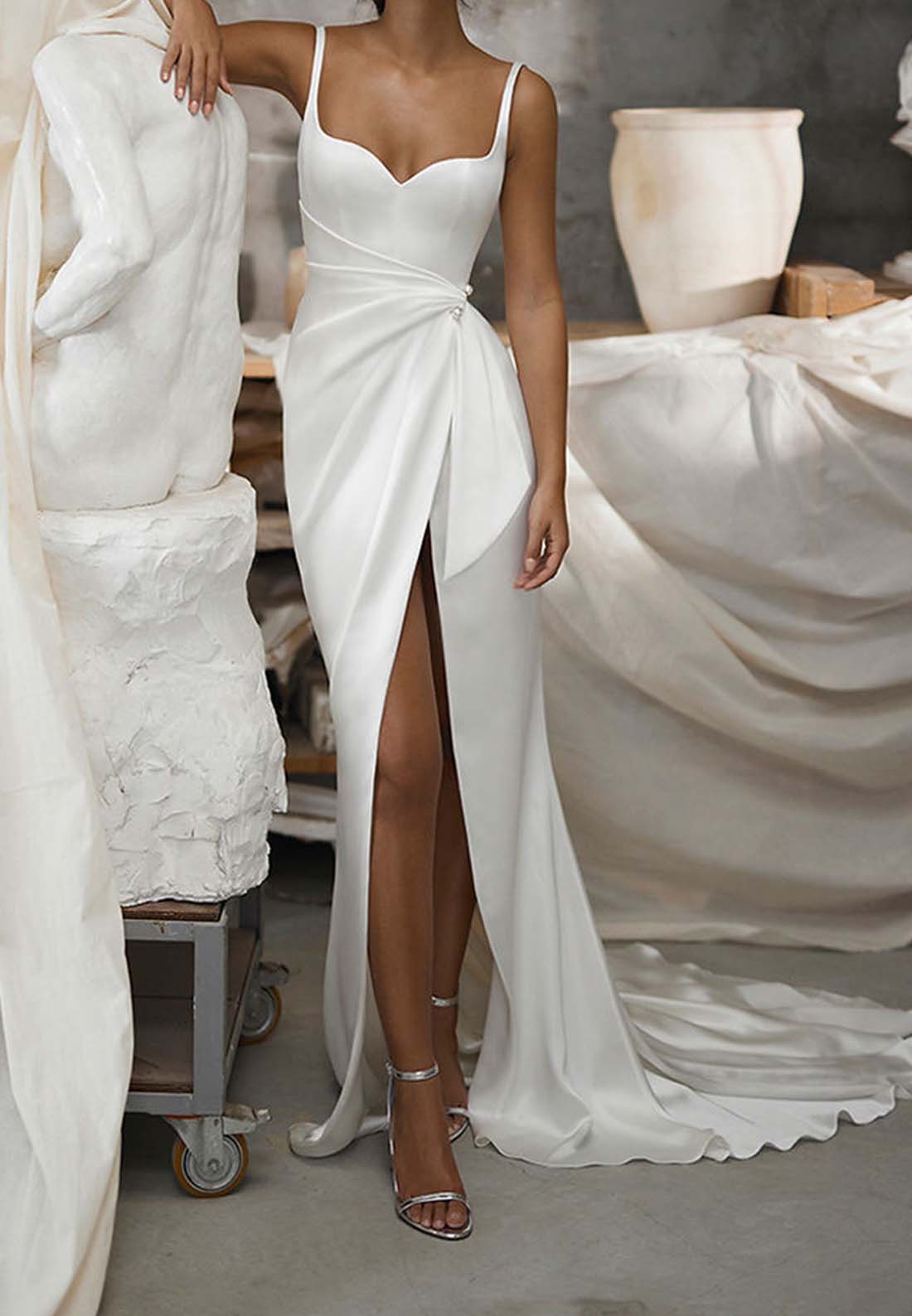 Sweetheart Straps Sleeveless Sleek Ruched Sheath Beach Wedding Dress