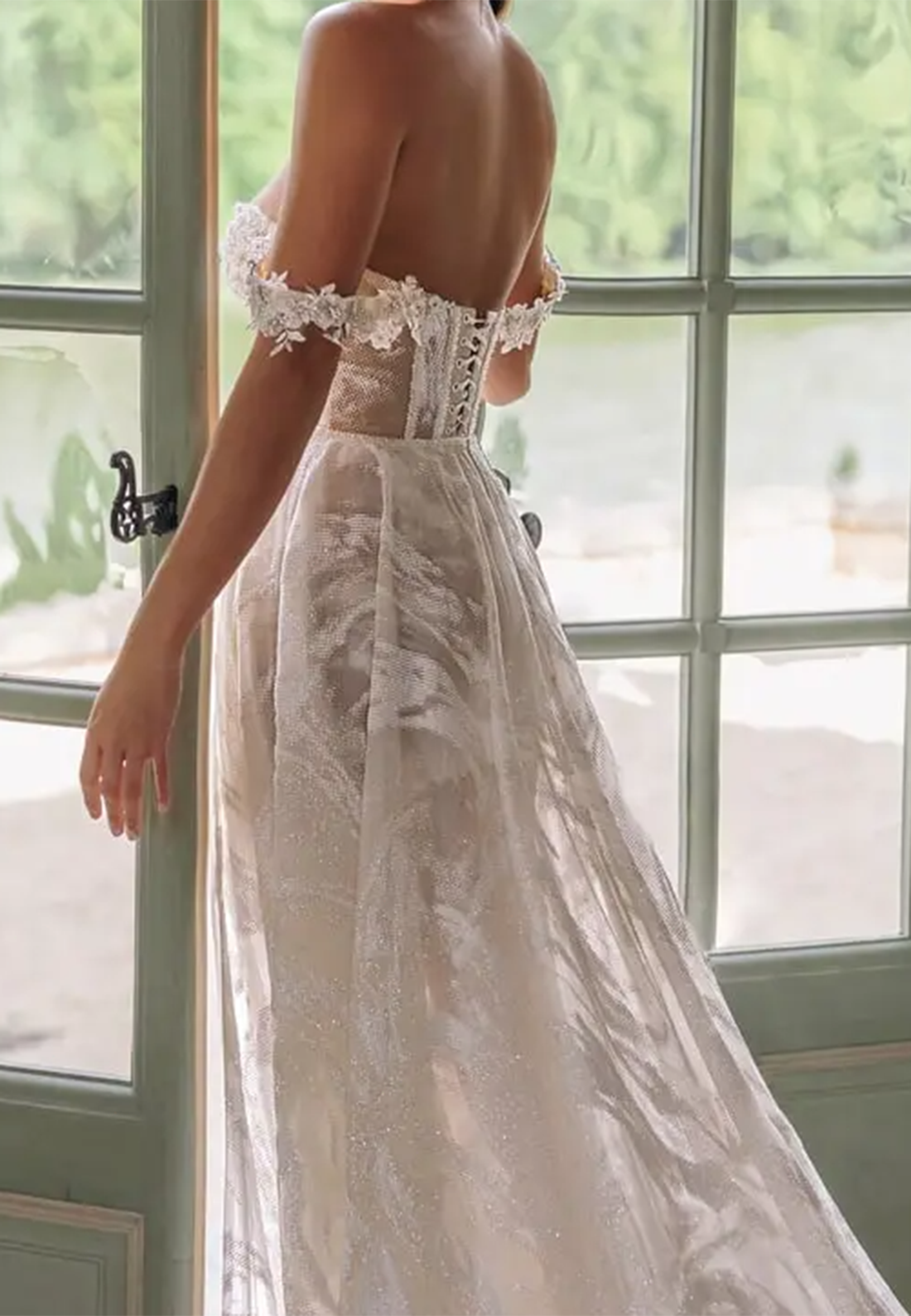 Off-Shoulder Sleeveless Floral Appliques High Slit A-Line Beach Wedding Dress