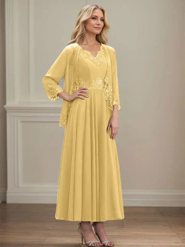 A-line V-Neck Ankle-Length Chiffon Mother of the Bride Dress With Sequins Appliques Lace Beading