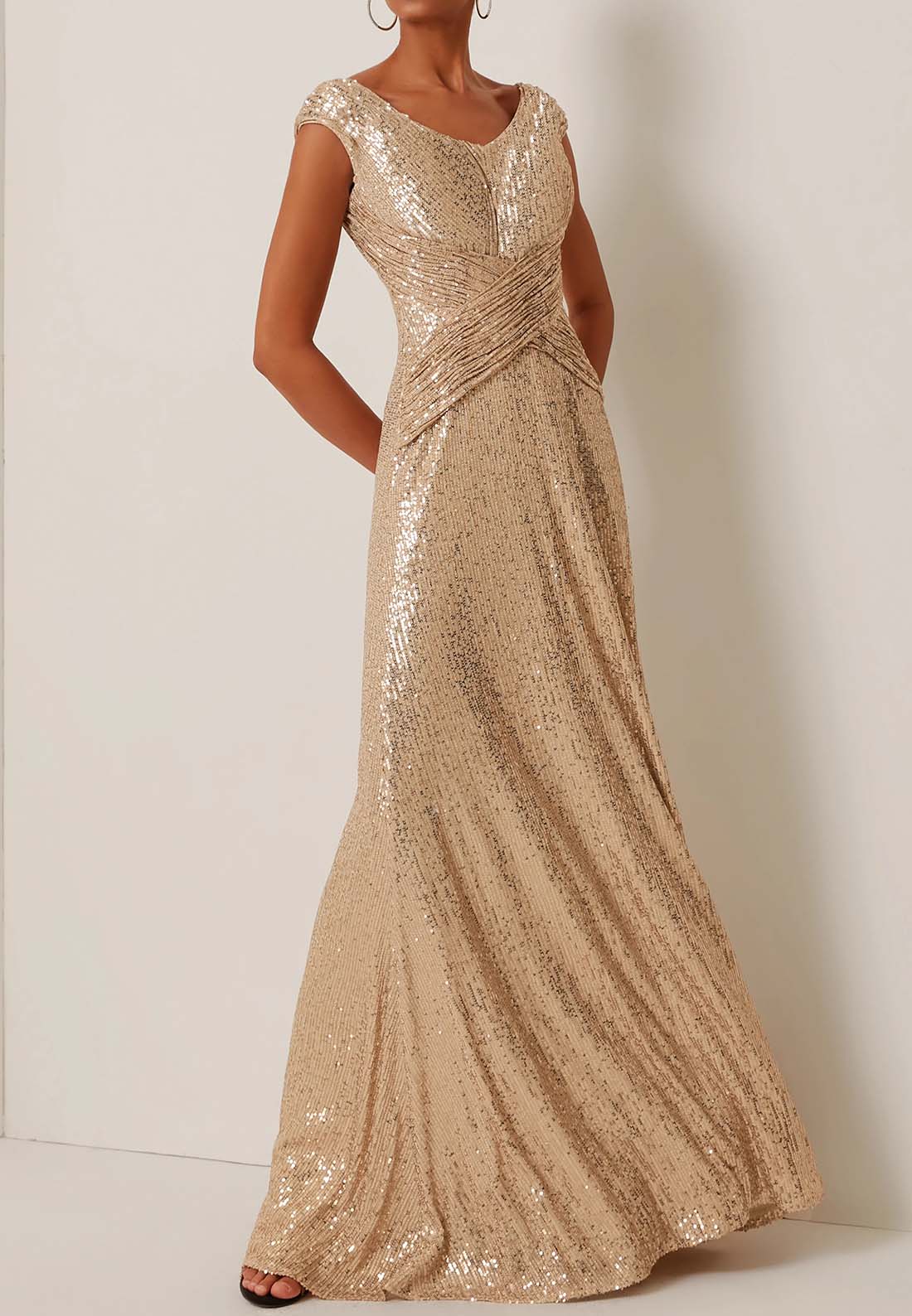 Golden Sequin Sleeveless Long A-line Gown
