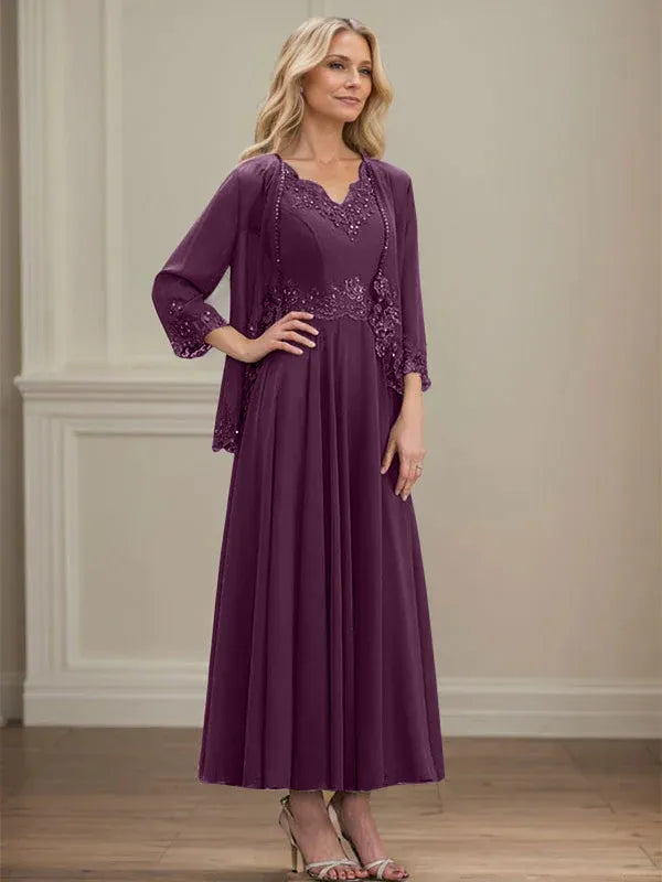 A-line V-Neck Ankle-Length Chiffon Mother of the Bride Dress With Sequins Appliques Lace Beading