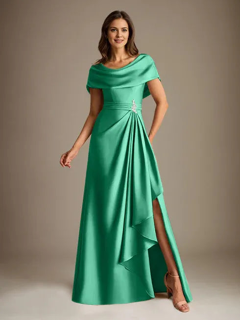 A-Line Scoop Floor-Length Stretch Satin Mother of the Bride Dress With Cascading Ruffles