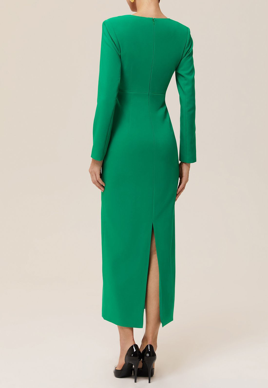 Green Deep V Neck Long Sleeve Sheath Maxi Dress