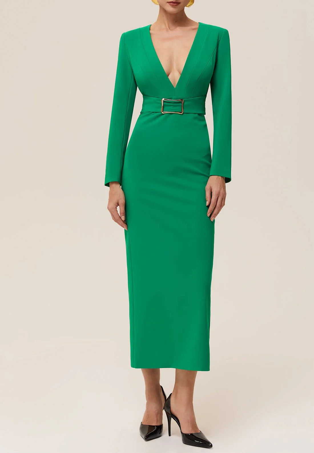 Green Deep V Neck Long Sleeve Sheath Maxi Dress